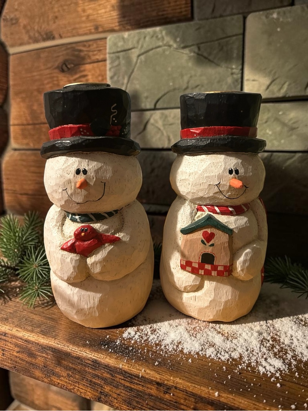 Set of 2 vintage carved snowman candle holders, designed by artist Eddie Walker
